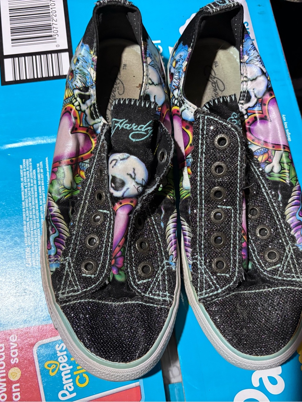 Ed Hardy women’s  Multicolor Tattoo-Print Slip-On Sneakers with Black Trim